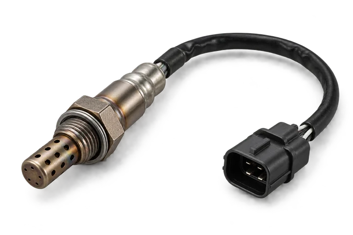 Sensor de oxígeno con cuerpo roscado, cable y conector.